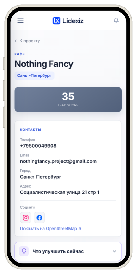 Карточка лида Lidexiz на мобильном устройстве